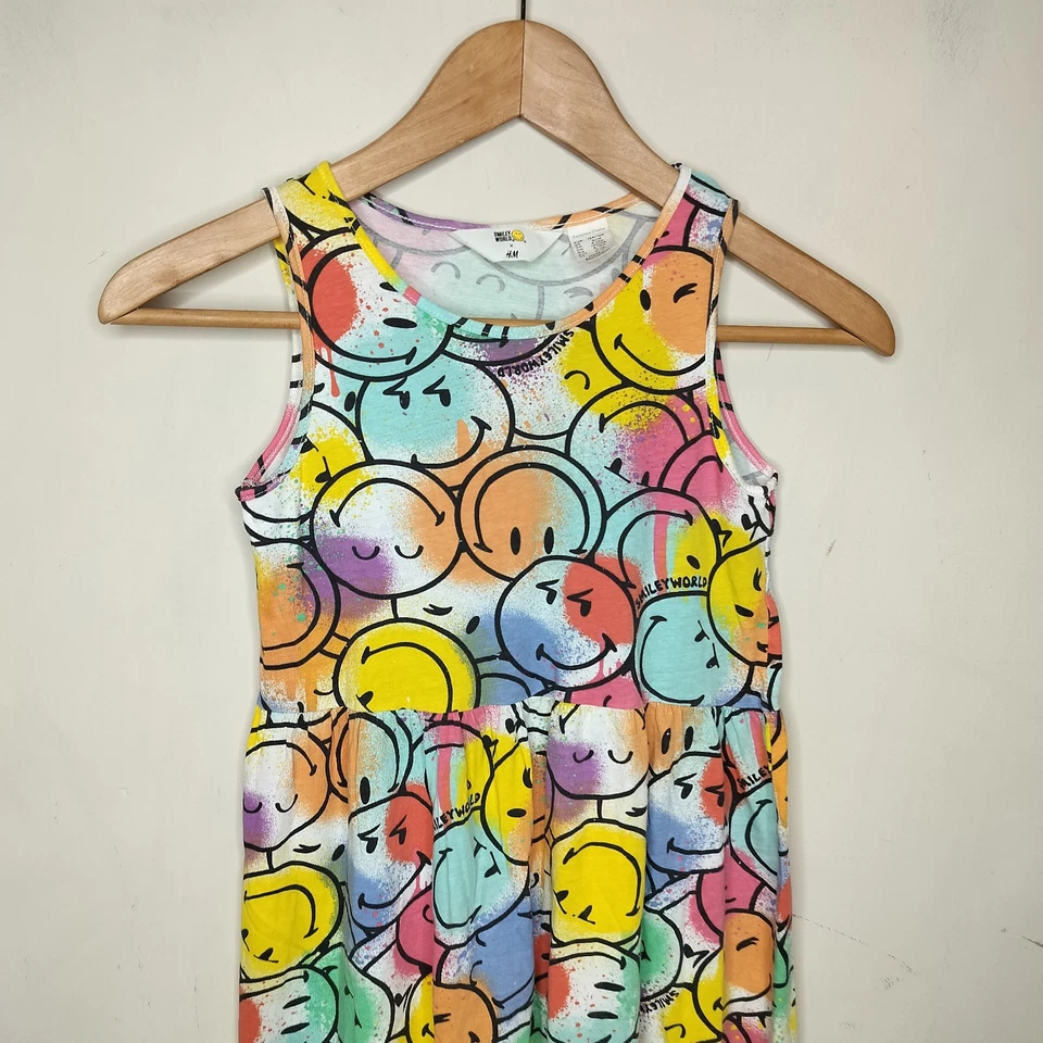 Vestido H&M Smiley World Niñas Talla 8/10 Sin Mangas Colorido Algodón Feliz Diversión Foto 2 de 4