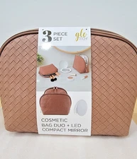 GloTech 2-pack Faux Leather Cosmetic Bags with Rechargeable Compact Mirror