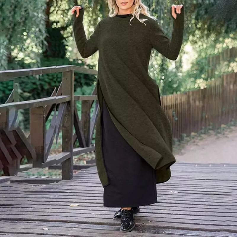 Ladies Loose Long Sleeve Maxi Dresses Women Casual Slit Winter Sweatshirt Dress