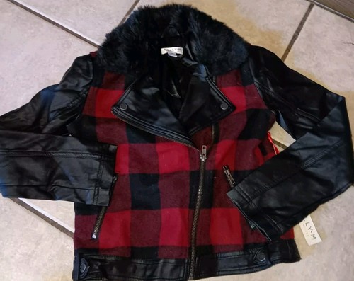 Sally M Moto Jacket Buffalo Plaid And Vegan Leather Girls Size