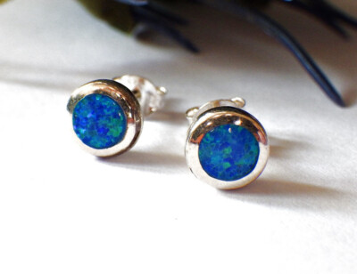 JEWELRY PIECES Earrings Silver Round Plug Blue Green Oval New 1
