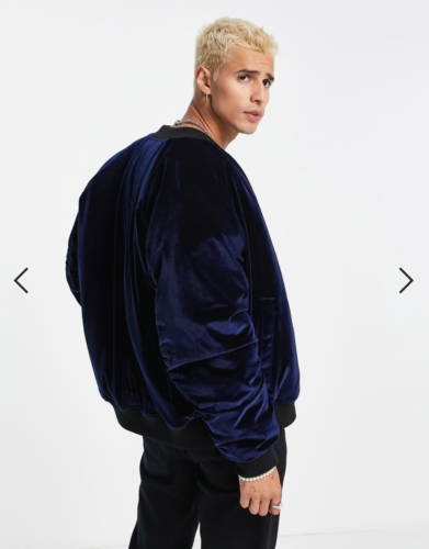 ASOS Design Men's Blue Velvet Bomber Jacket Size M - Picture 6 of 17