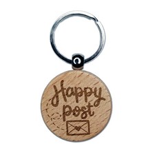 Happy Post Mail Envelope with Heart Engraved Wood Round Keychain Tag Charm
