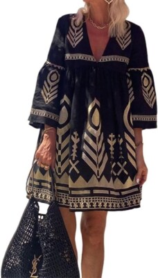 Women Boho Babydoll Dress Vintage Ethnic A line Flowy Mini Dress Tunic Top