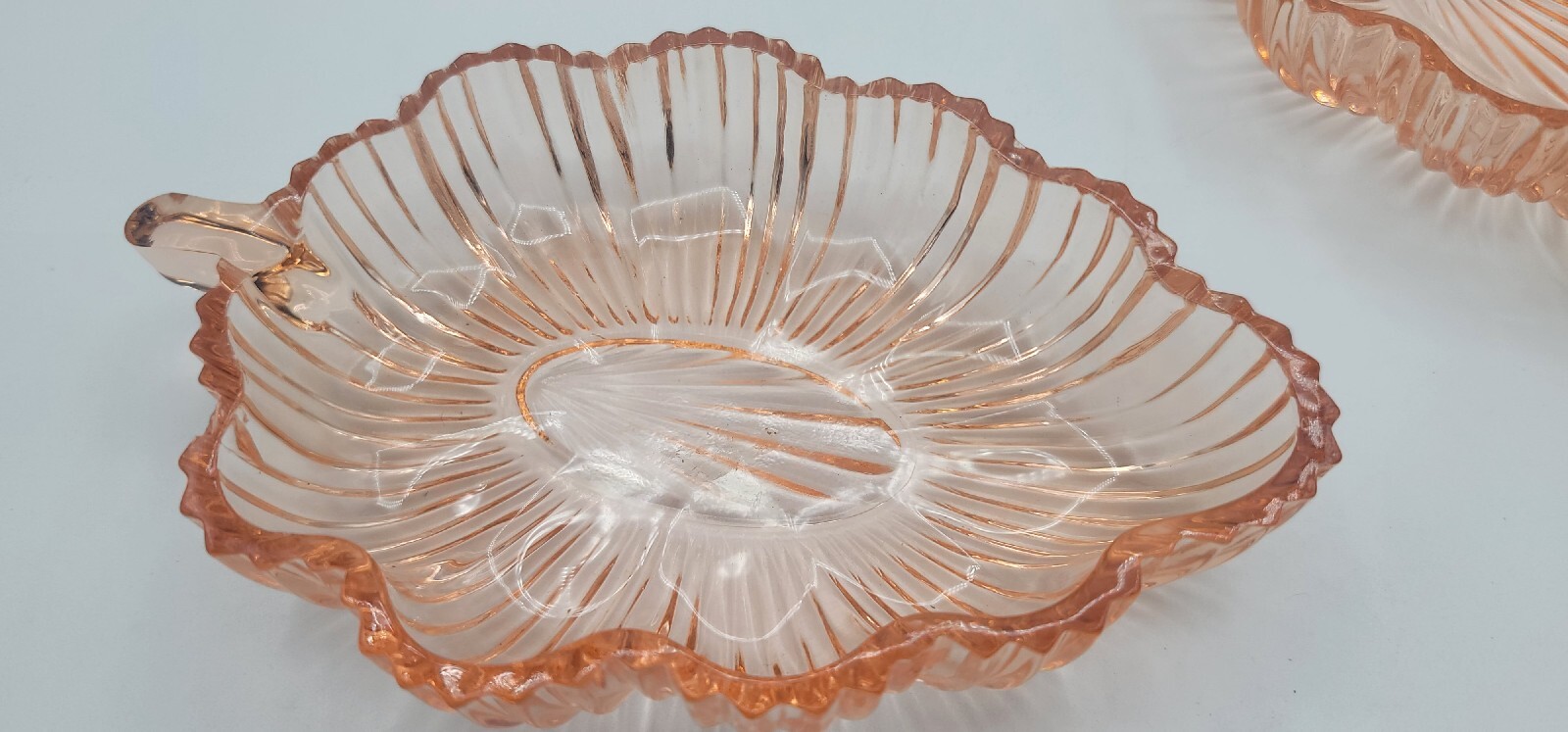 Vintage Pink Peach Depression Glass Leaf Shape Dishes Snack Bowls Lot