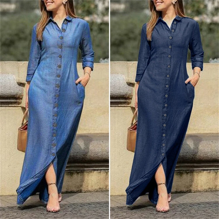 Summer Women Denim Look Maxi Dress Button Down Long Sleeve Casual T Shirt Dress