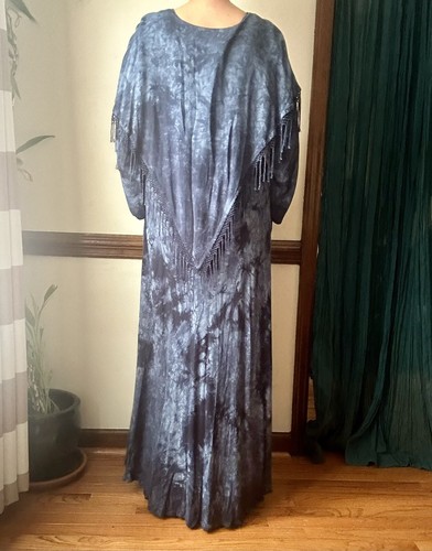 Vintage 90s Oversized Cotton Indigo Tie Dyed Caftan Crochet Shawl Maxi Dress M L - Picture 7 of 10