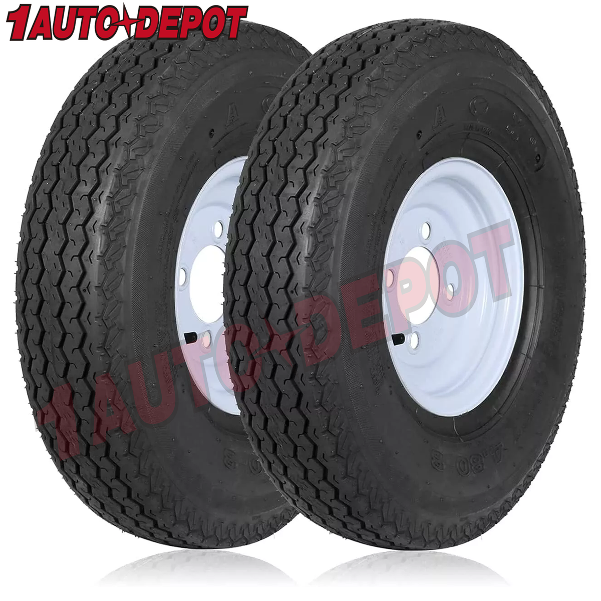 Set Of 2 - 4.80/4.00-8 Trailer Wheels & Tyres, 6ply, 4 Stud, 345kg Load Each, Road Legal & High Speed