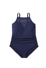 Aqua Green Women's UPF 50 Crochet High Neck One Piece Swimsuit Navy Blue Size S