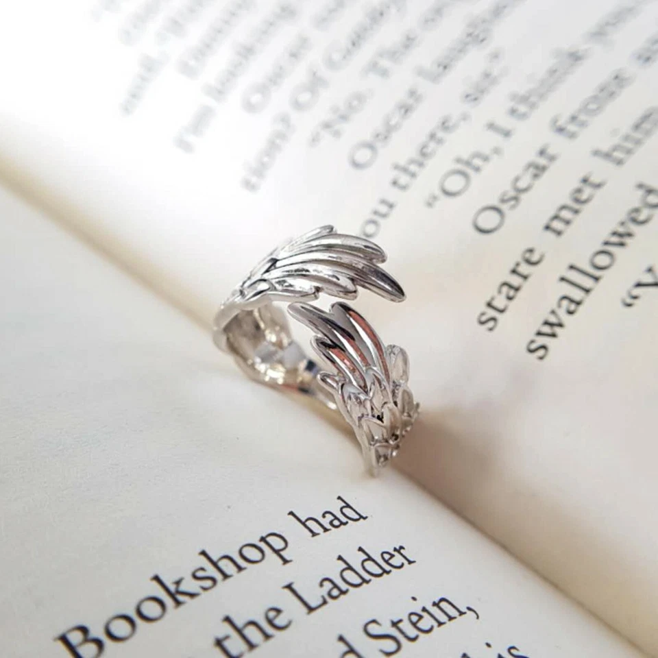 Anillo de plata esterlina con alas de ángel de la guarda banda abierta anillo de protección Foto 4 de 4