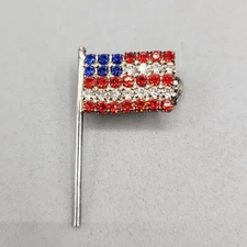 Vintage Patriotic Rhinestone American Flag Brooch Pin Safety Clasp