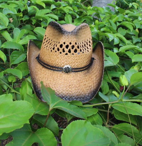 Classic Outback Black Stained Western Cowboy Straw Hats / Sun Buckle Chin Cord - 第 2/4 張圖片