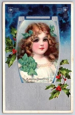 Brundage Christmas~Girl w/ Pipe Curls~Blue Bows In Hair~Holly~Silver-Blue Back