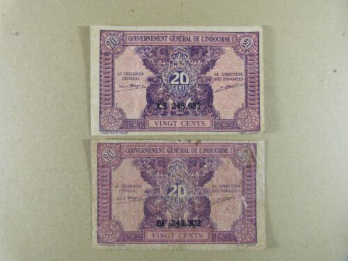 Lot de 2 Billets Gouvernement Général de l'Indochine 20 Cents (1942) - Afbeelding 1 van 2