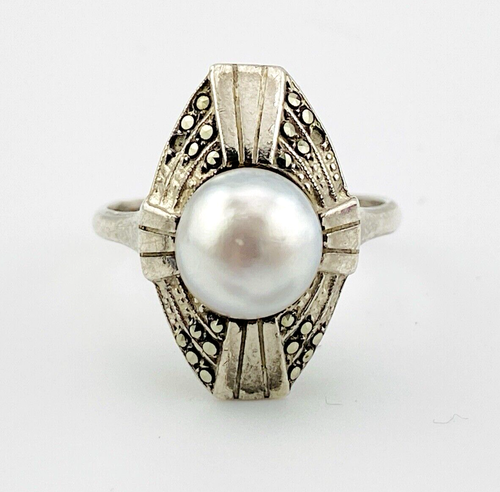 French Art Deco Ring Cultured Button Pearl Marcasite Sterling Silver Signed Sz 7 - Picture 2 of 14