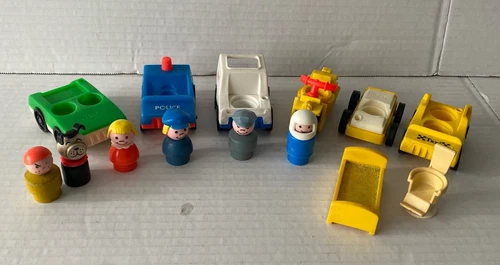 Fisher Price Little People 14PC Lot Police Taxi Mail Figures Bed Dog ++ Vintage