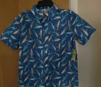 Boy's Camisa Youth M / L Polyester Blue w/ Sharks Collared Button Down NWT