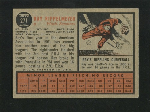 #271 RAY RIPPELMEYER, Senators - 1962 Topps: EM, w/Great Gloss 16601 - Picture 2 of 2