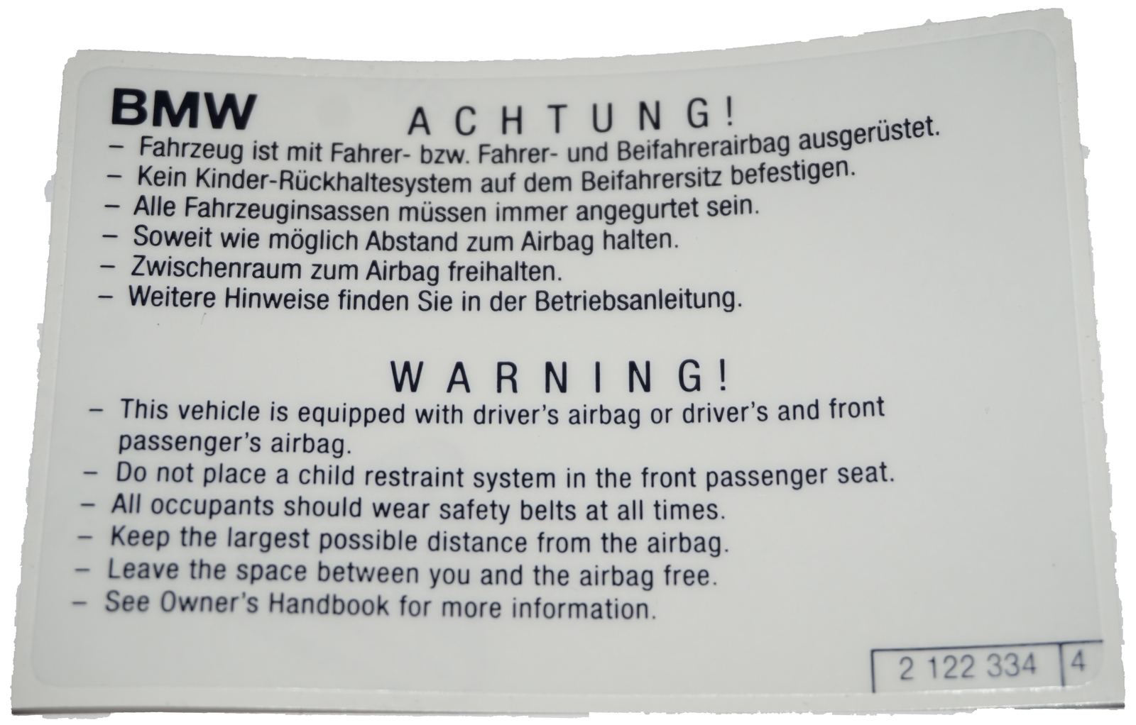 BMW Airbag Warning Sign Notice Label Sticker 2122334 71212122334 Radyまとめ売り