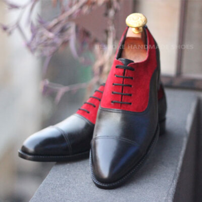 Custom made Black Leather Red Suede Cap toe Oxford Shoes, Lace Up Dress Men  Shoe | eBay