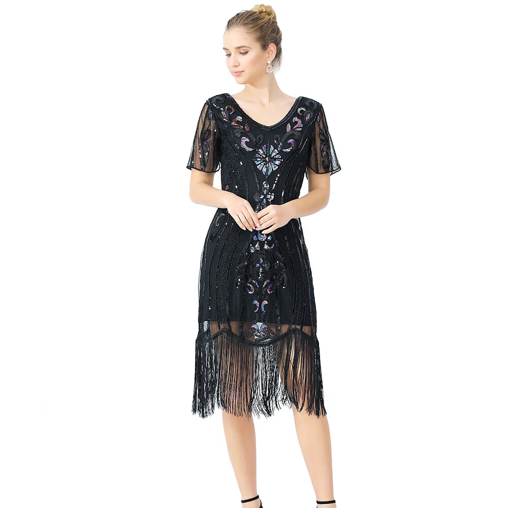 ZAPAKA-1920 Zapaka Black 1920s Sequined Flapper Dress, Knee Length Vintage Holiday Party Dresses, Black / L