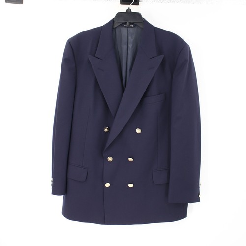 Burberry Sport Coat Mens 44/46 Pure Wool Gold Buttons Double Breasted Navy Blue