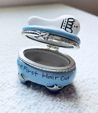 Mud Pie Baby Boy Blue Silver Tone “First Haircut” Trinket Box w/ Brush Lid