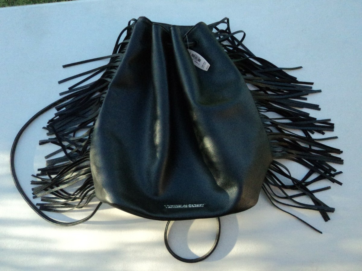 New Victorias Secret Black Fringe Drawstring Black Backpack 