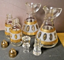 1950s Hazel Atlas Vinegar & Oil Cruets Salt & Pepper Set of 4 Frosted Gold Wheat
