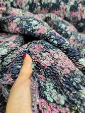 Fabric By The Yard Navy Blue Brocade Jacquard Textured Pink Mint  Floral Flower
