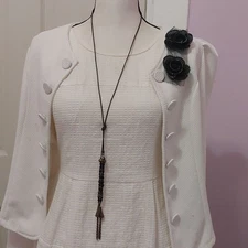 Artisan Signed KZ Genuine Leather Cord Y Drop Boho Necklace Lava Rock Brass Tone