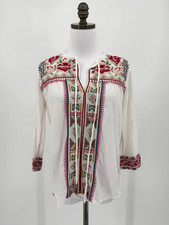 Johnny Was Womens White Cotton Embroidered V Neck 3/4 Sleeve Blouse Top Sz S NEW