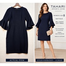 Tahari Arthur S. Levine Navy Bell Sleeve Sheath Dress Sz 8 LBD Cocktail Wedding