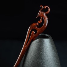 Rosewood Carved Dragon Phoenix Hair Stick Chinese Style Handmade Hairpin 2pc