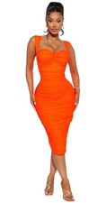 Fashion Nova Melanie Ruched Bandage Midi Women's Orange Mesh Sexy Dress Sz L NEW