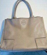 Tory Burch Leather Tote Bag Taupe Pebbled Multi Pockets Mixed Media Canvas Zip