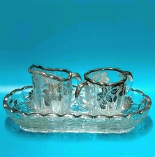 Oval Silver City Flanders Celery Dish Cream & Sugar Set Vtg Sterling Over Glass