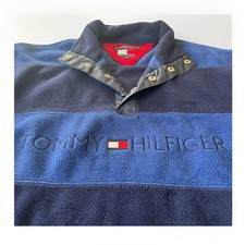 90s Vintage Tommy Hilfiger Blue Fleece Pullover M Snap Collar Taiwan
