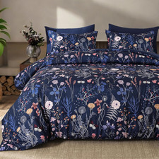 Blue Floral Comforter Set King Size, 7 Piece Comforter King 104"x90" Navy