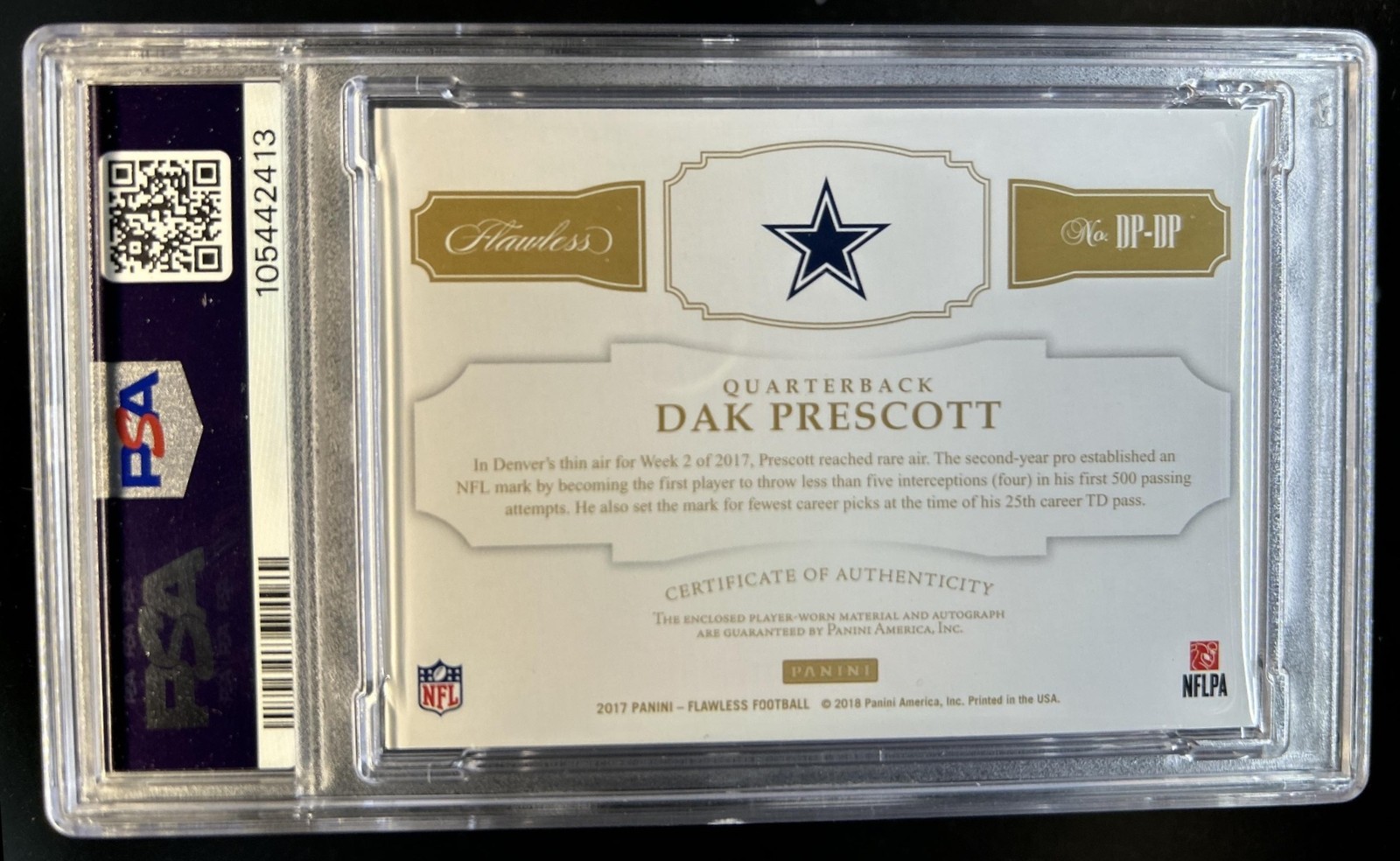 2017 Panini Flawless Dak Prescott Dual Patch Auto Ruby #/5 Cowboys PSA 9 view 2