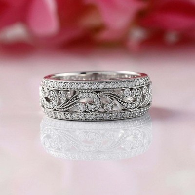 0.80Ct Round Diamond Half Eternity Band Vintage Wedding Ring 14K White Gold Over