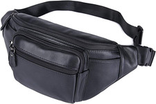 Leather Fanny Pack Waist Bag Travel Organizer Adjustable Belt Black