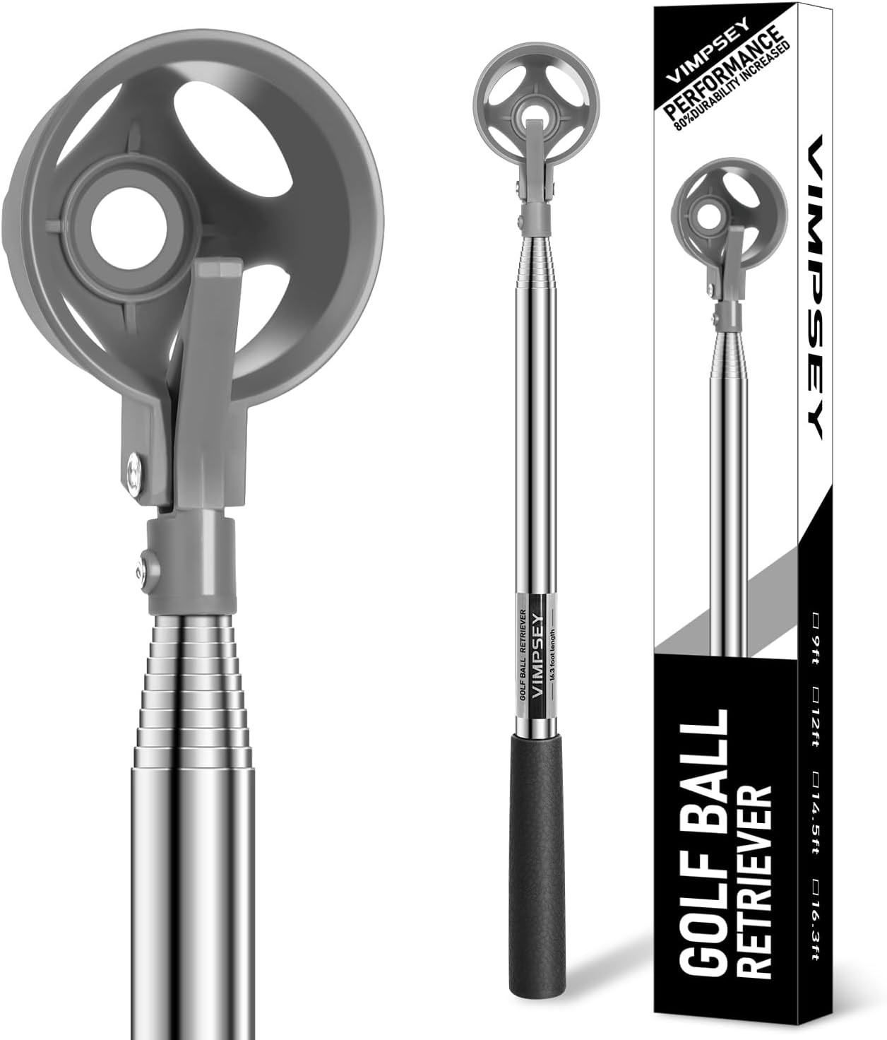9Ft/12Ft/16.3Ft/20Ft Golf Ball Retriever for Water Telescopic, Stainless Steel B