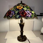 Vintage Tiffany Style  Stained Glass .  Roses& Grapes 25”H Table Lamp 19”D