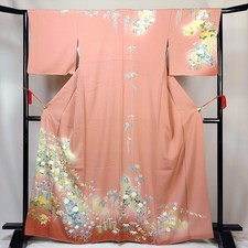 Vintage Japanese Silk Kimono Robe   Salmon Pink Floral Garden