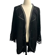 CHICO'S Black Label Light Knit Scalloped Sleeve Open Cardigan Black Wms. XL NEW