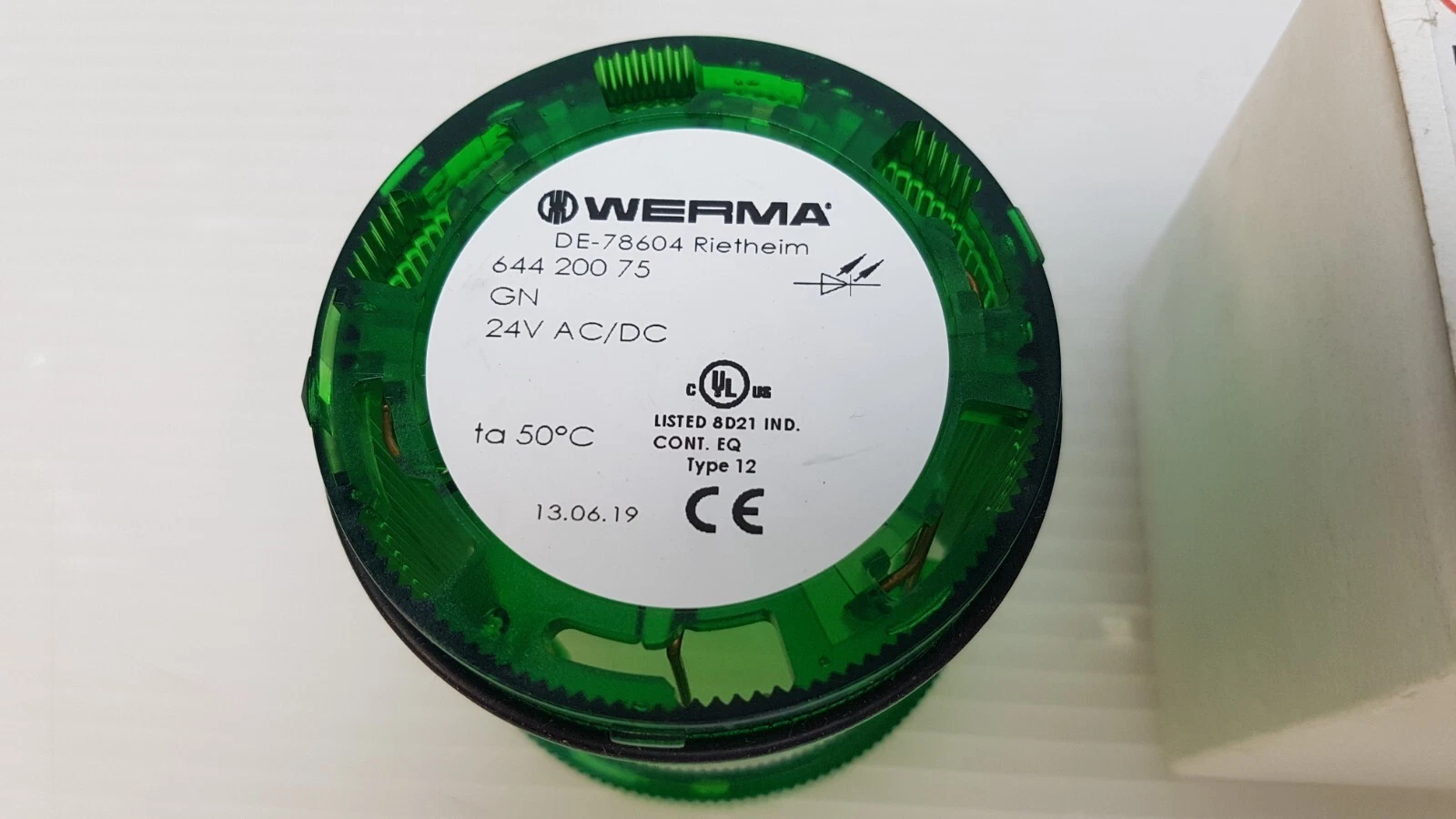 WERMA 644 200 75 element label: GN, 24V AC/DC, ta 50°C, cULus, CE, 13.06.19