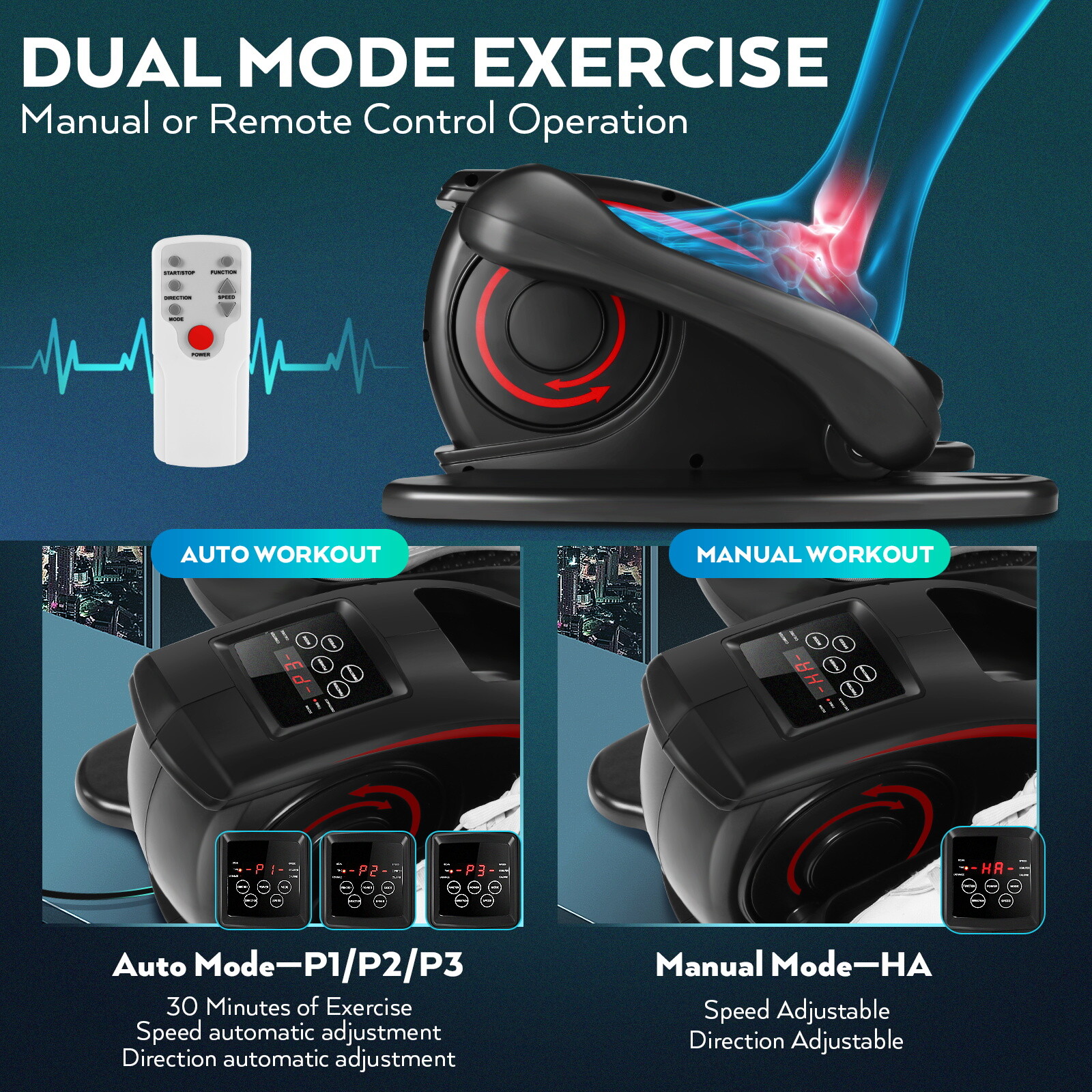 Under Desk Elliptical Machine Electric Seated Pedal Exerciser w/Remote Control