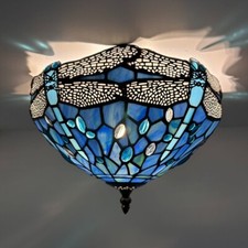 Tiffany Style Ceiling Lights Fixture Blue Stained Glass Dragonfly LED Bulbs 8"H