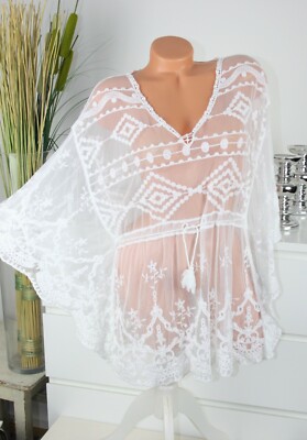 ITALY MODA Tunika Häkel Bluse BATWING Cape Beach LACE Top WEISS S M L 36 38 H/M-